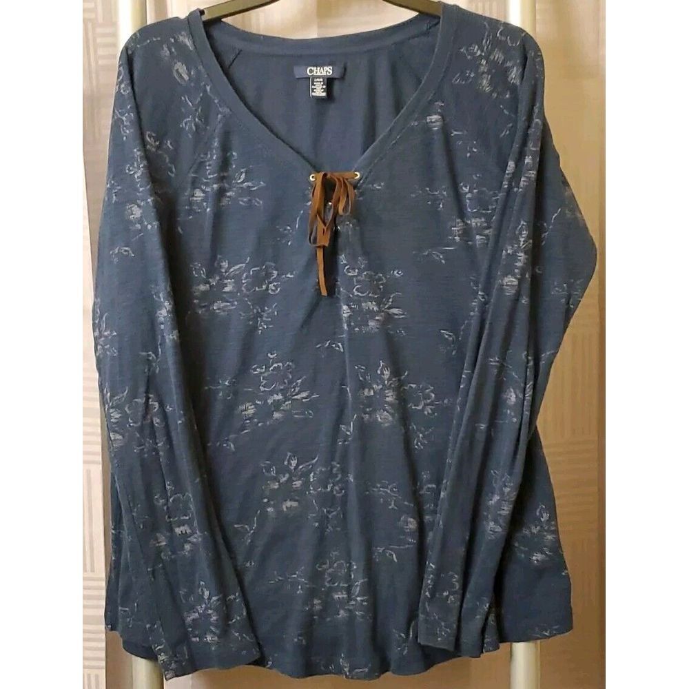Chaps By Ralph Lauren Top Size L Shirt Lace Up Romantic Ranch Wear Long Sleeve